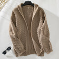 Cable Knit Hooded Open Cardigan - Khaki