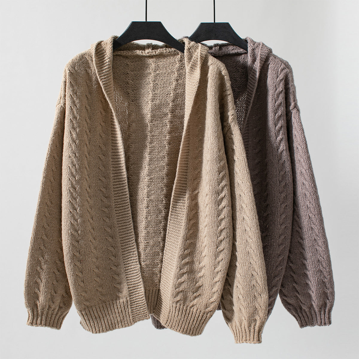 Cable Knit Hooded Open Cardigan - Khaki - 1