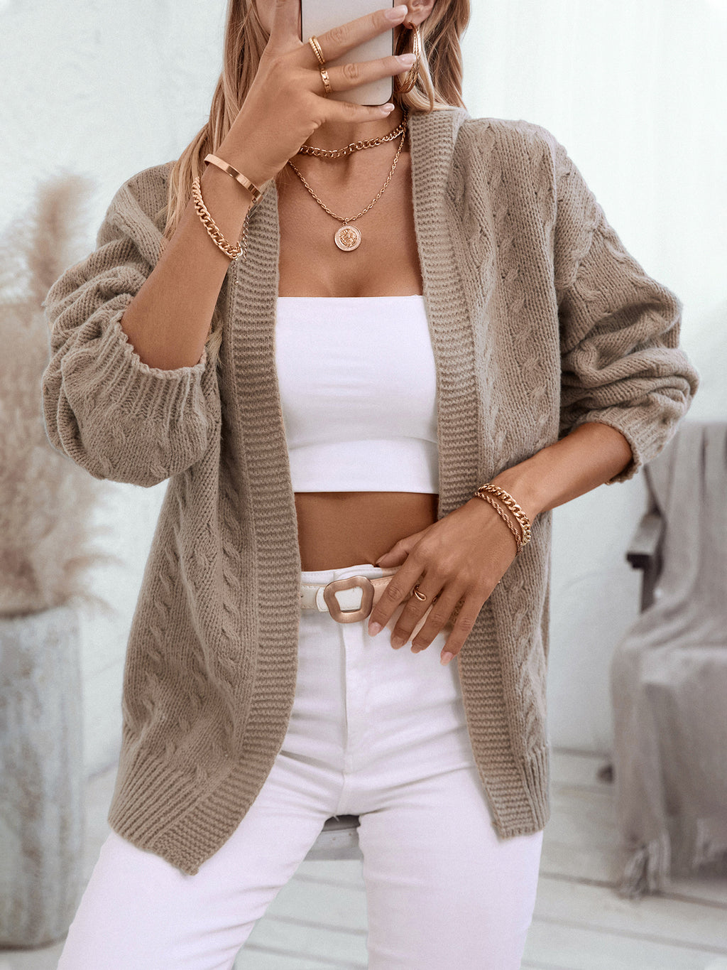 Cable Knit Hooded Open Cardigan - Khaki - 4