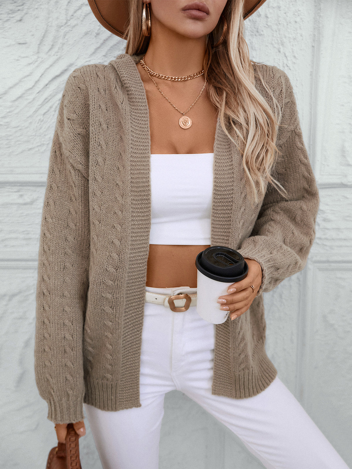 Cable Knit Hooded Open Cardigan - Khaki - 5