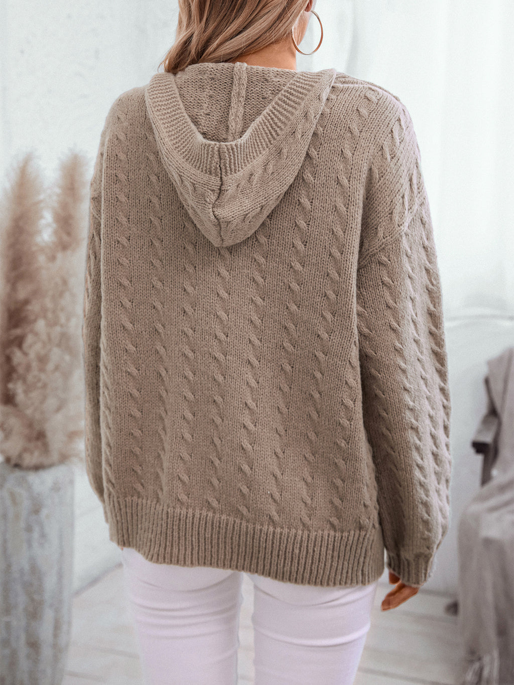 Cable Knit Hooded Open Cardigan - Khaki - 6