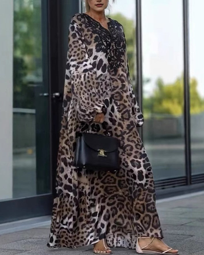 Leopard Print Balloon Sleeve Maxi Dress - Leopard