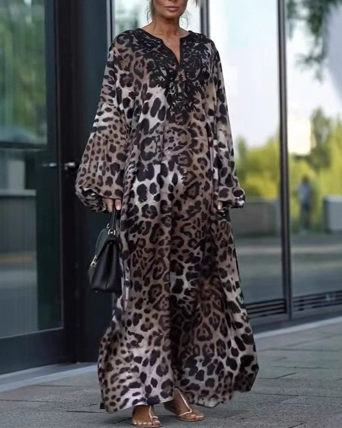 Leopard Print Balloon Sleeve Maxi Dress - Leopard - 1