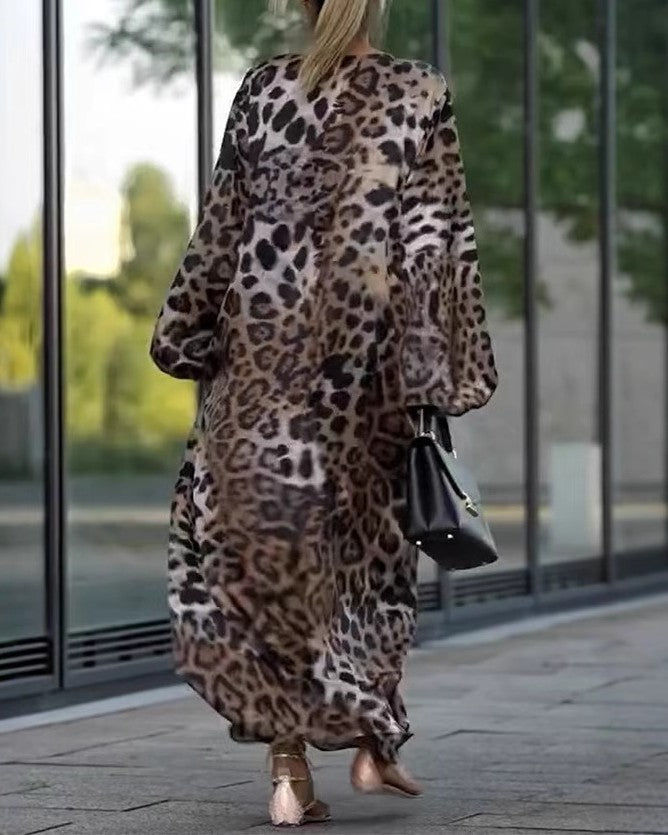 Leopard Print Balloon Sleeve Maxi Dress - Leopard - 3