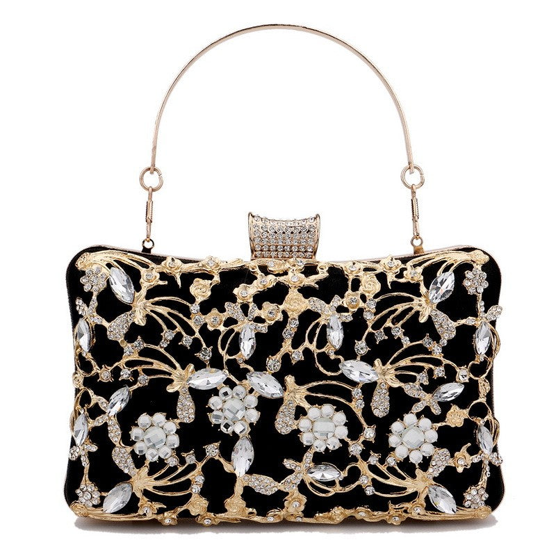 Jeweled Filigree Rhinestone Evening Clutch - Black