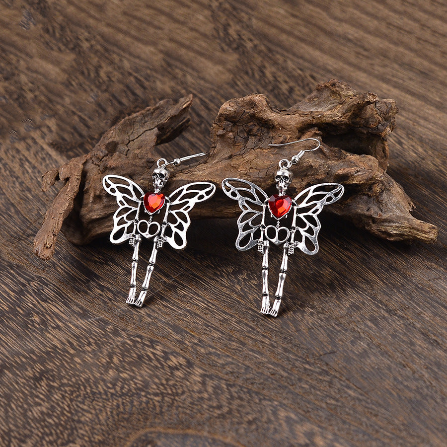 Gothic Winged Heart Crystal Dangle Earrings - Silver - 1