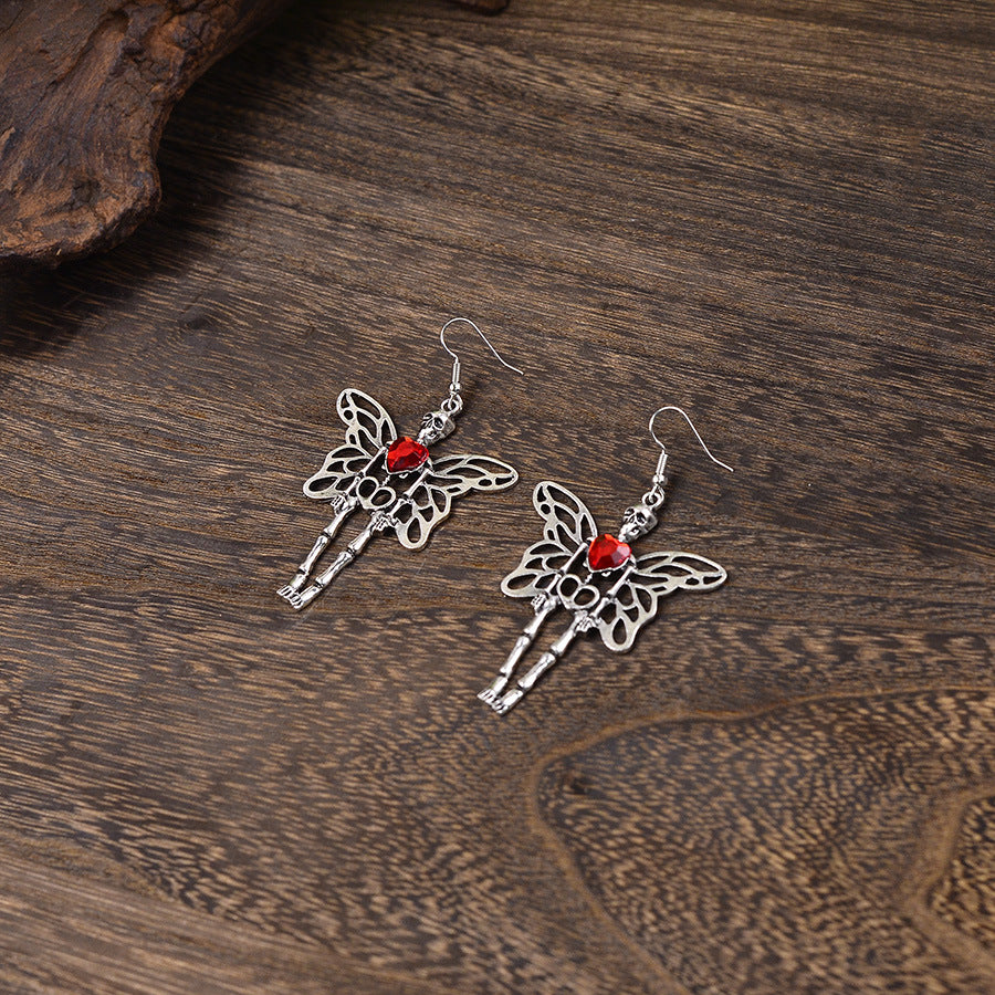 Gothic Winged Heart Crystal Dangle Earrings - Silver - 2