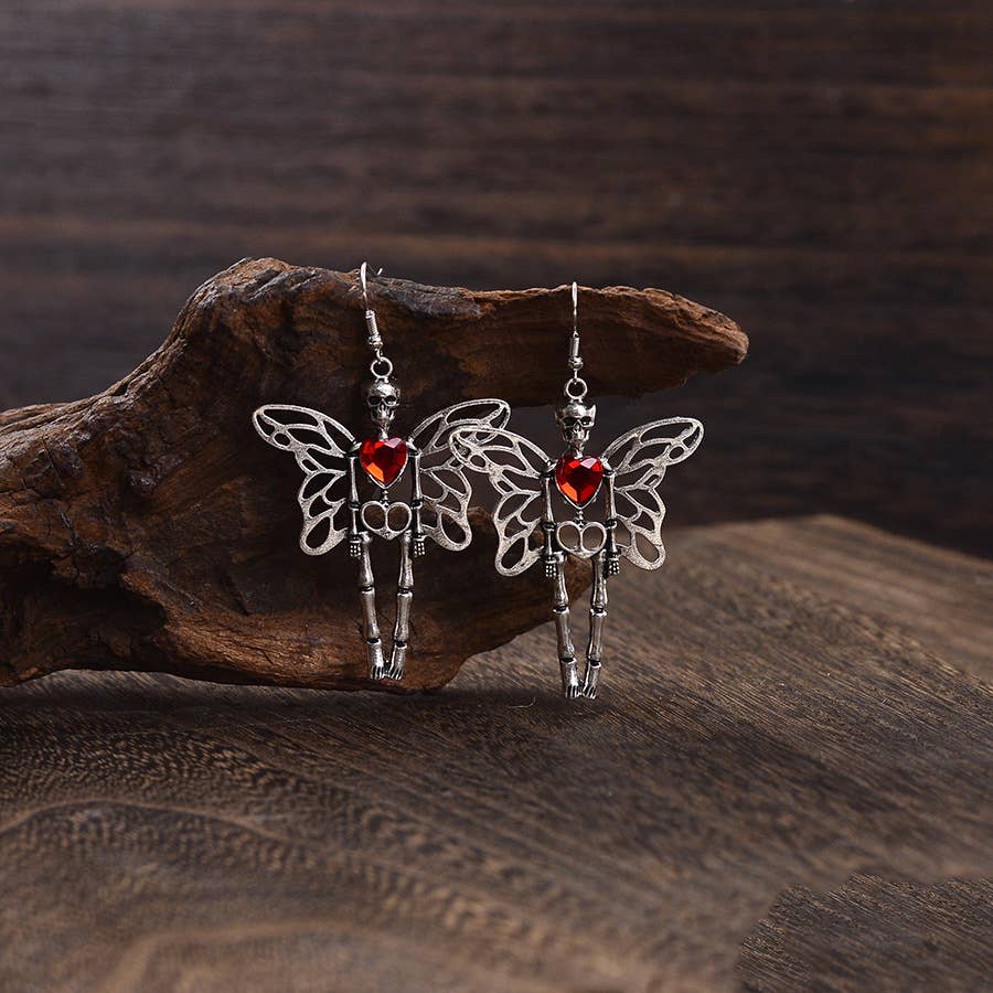Gothic Winged Heart Crystal Dangle Earrings