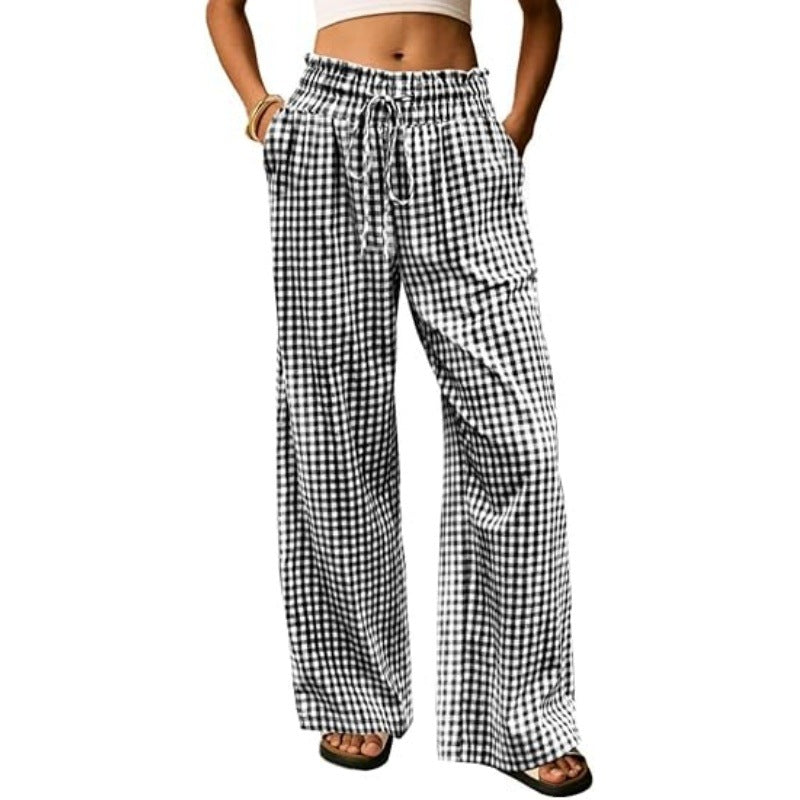 Breezy Check Wide Leg Beach Trousers - Black
