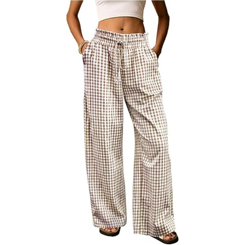 Breezy Check Wide Leg Beach Trousers - Brown
