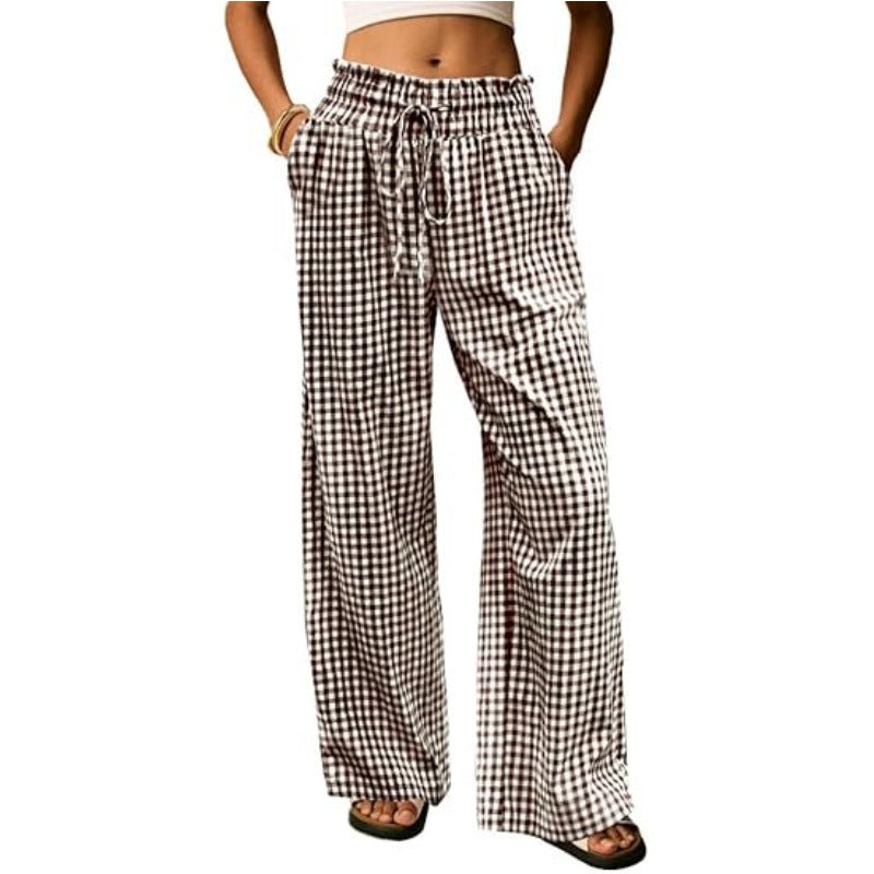 Breezy Check Wide Leg Beach Trousers - Coffee