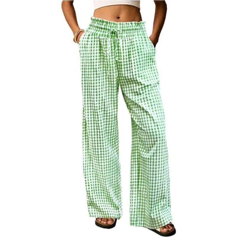 Breezy Check Wide Leg Beach Trousers - Green
