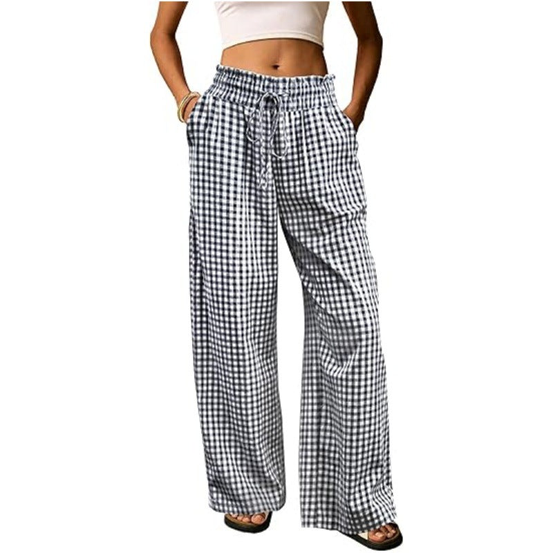 Breezy Check Wide Leg Beach Trousers - Navy