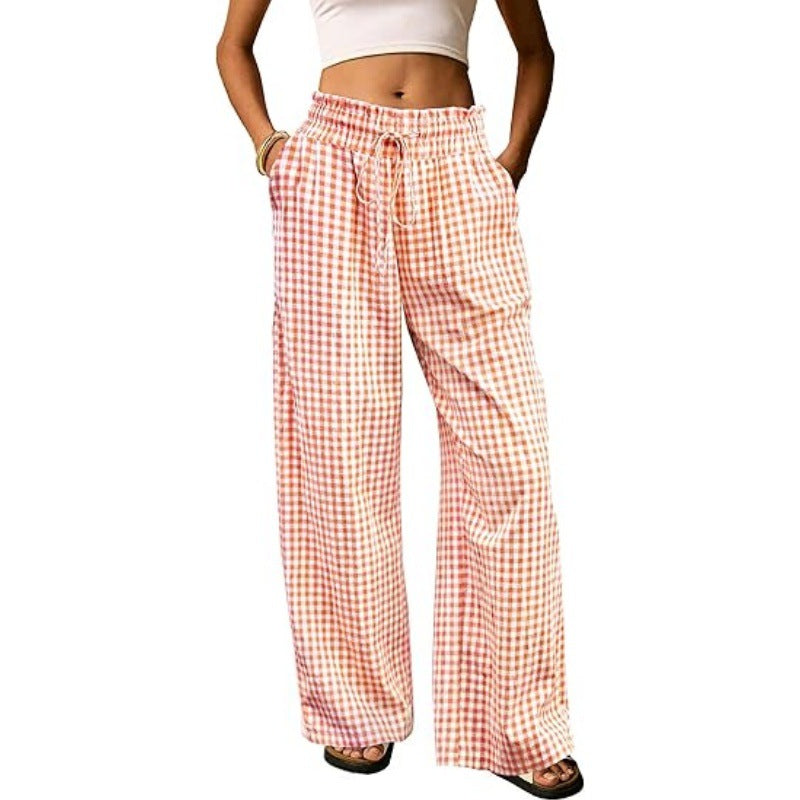 Breezy Check Wide Leg Beach Trousers - Orange