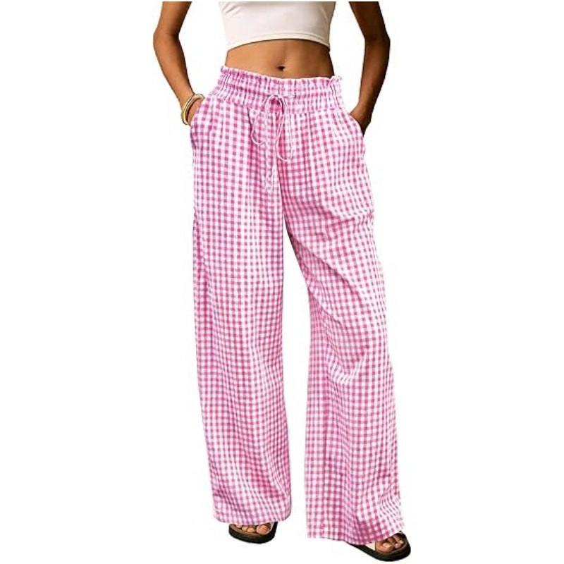 Breezy Check Wide Leg Beach Trousers - Pink
