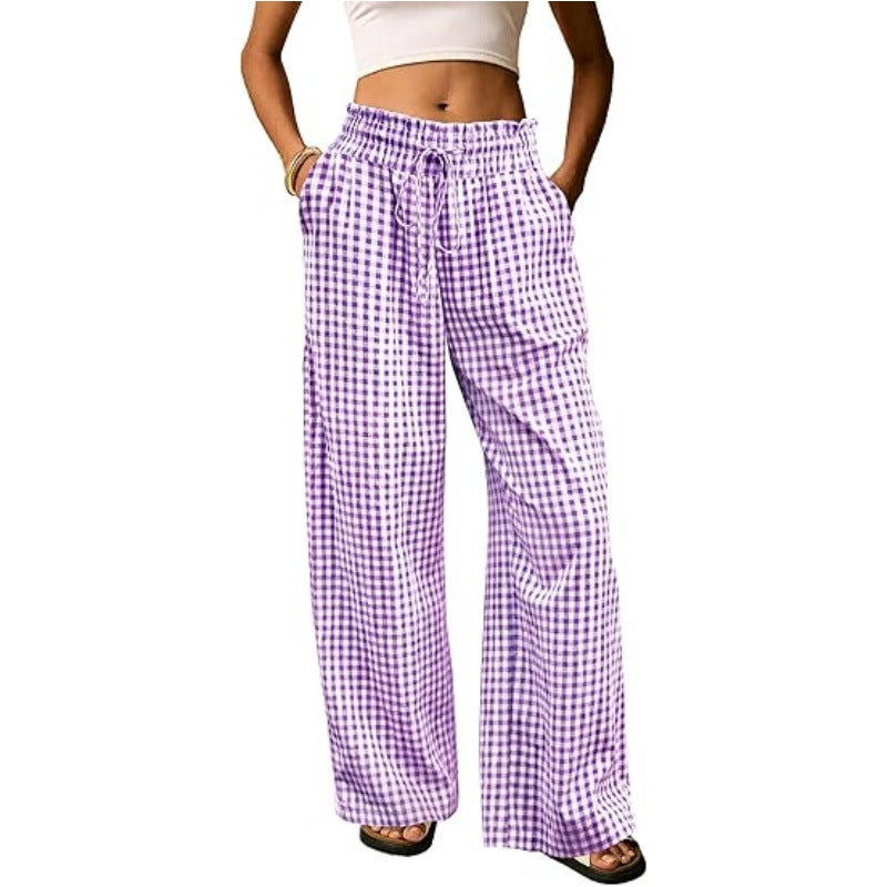 Breezy Check Wide Leg Beach Trousers - Purple