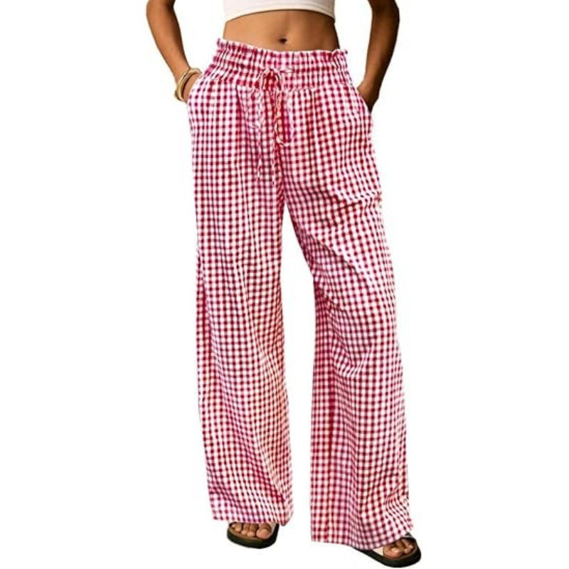 Breezy Check Wide Leg Beach Trousers - Red