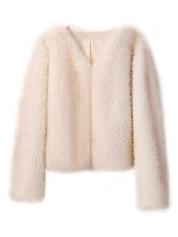 Streaked Faux Fur Cropped Boxy Coat - Beige