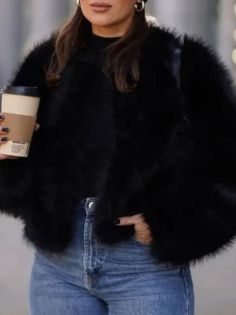 Streaked Faux Fur Cropped Boxy Coat - Black