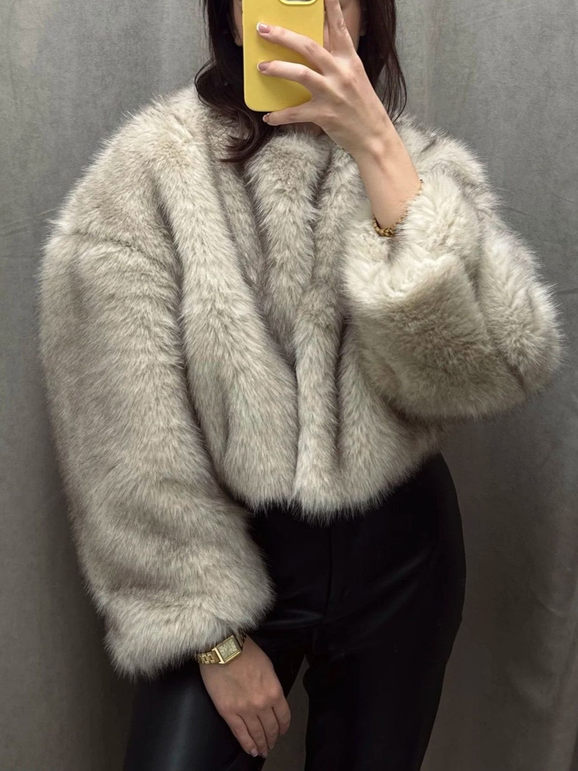 Streaked Faux Fur Cropped Boxy Coat - Taupe