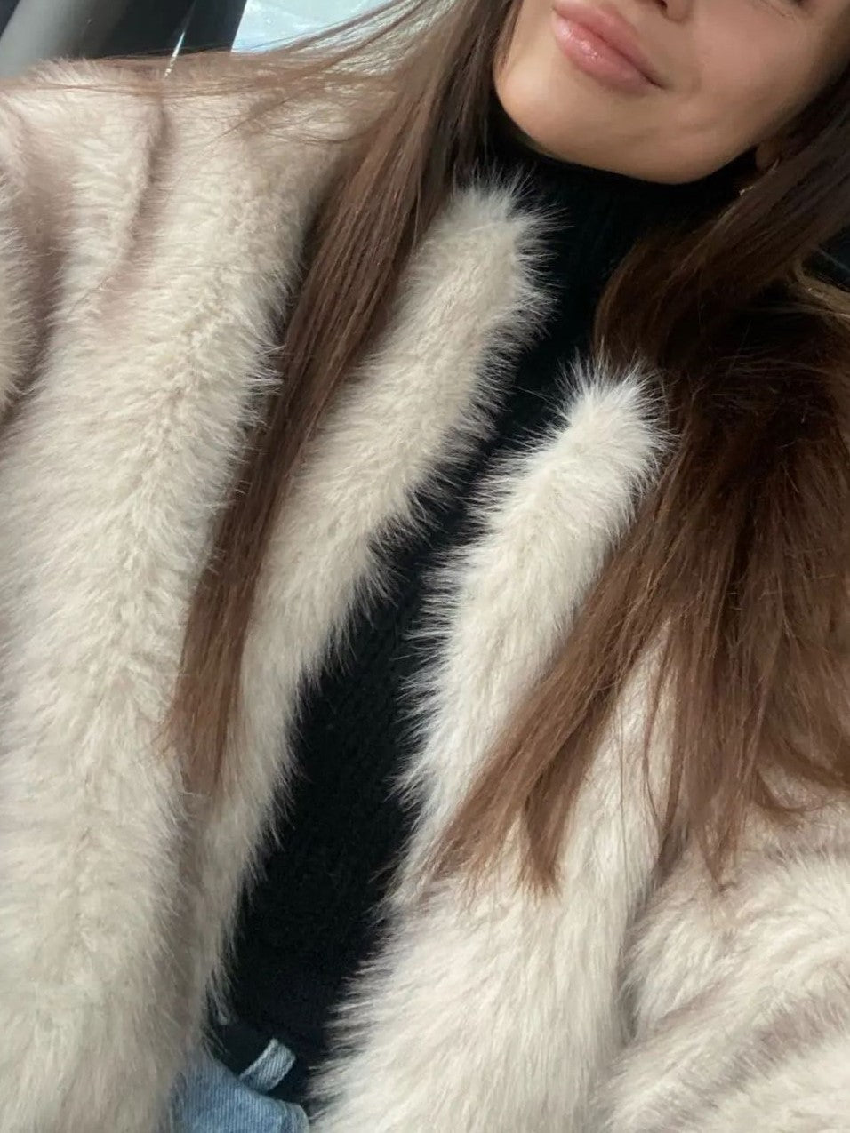 Streaked Faux Fur Cropped Boxy Coat - Taupe - 6