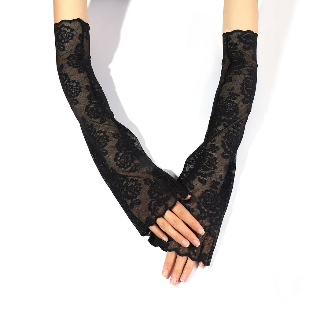 Floral Lace Fingerless Long Arm Gloves - Black