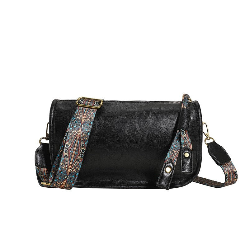 Vintage Faux Leather Crossbody Bag With Boho Strap - Black