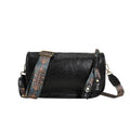 Vintage Faux Leather Crossbody Bag With Boho Strap - Black