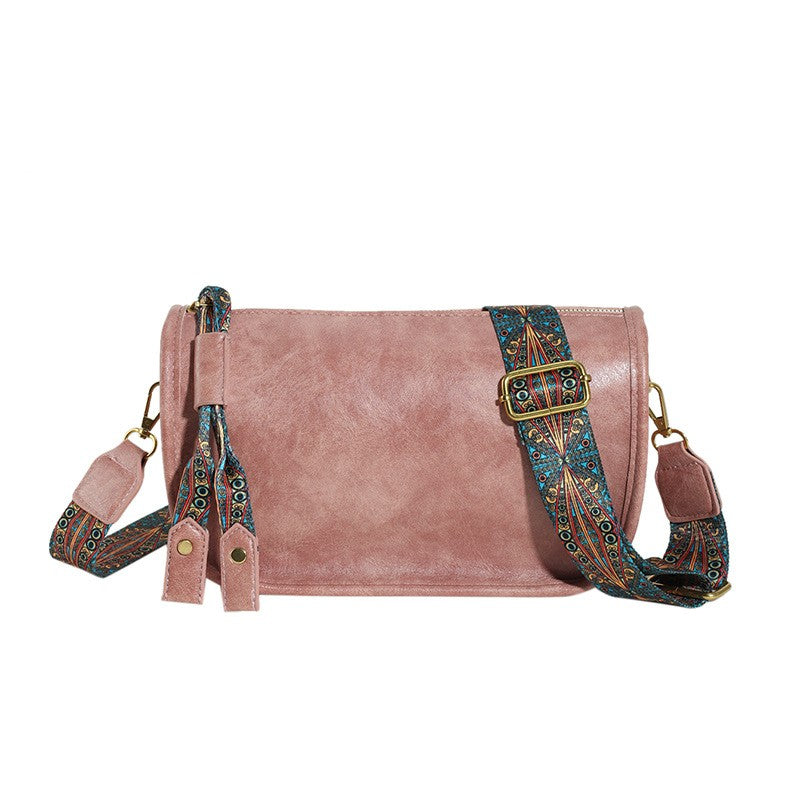 Vintage Faux Leather Crossbody Bag With Boho Strap - Dusty Pink