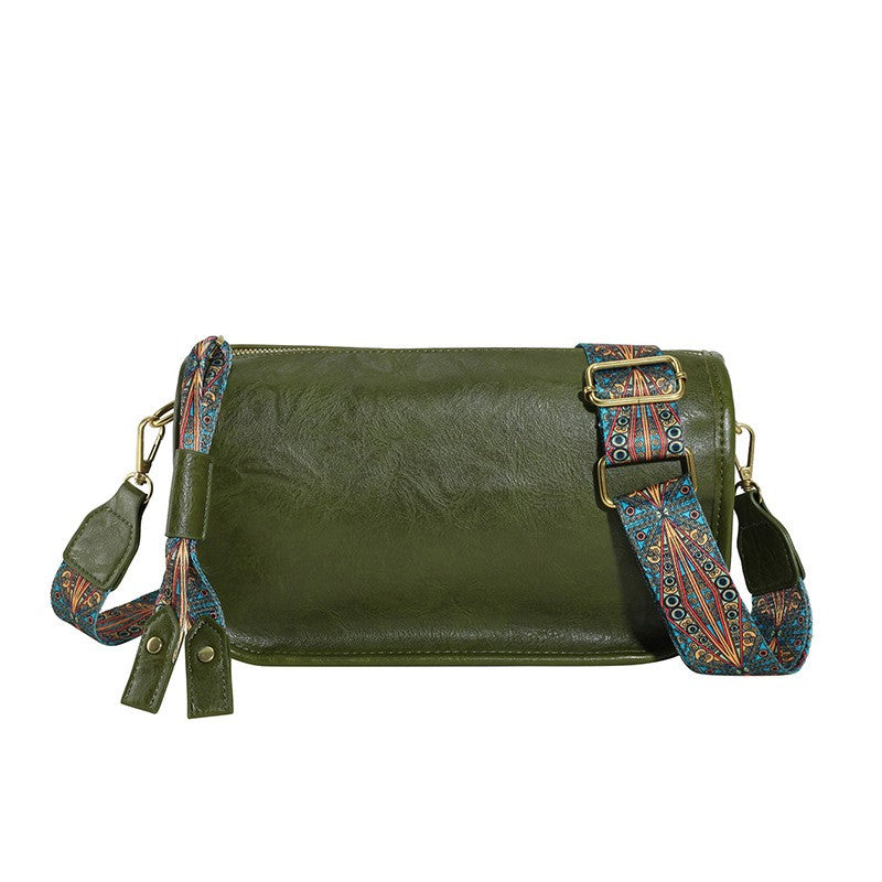 Vintage Faux Leather Crossbody Bag With Boho Strap - Olive