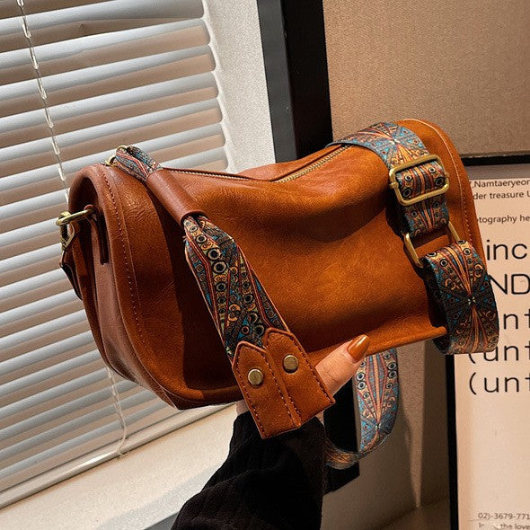 Vintage Faux Leather Crossbody Bag With Boho Strap