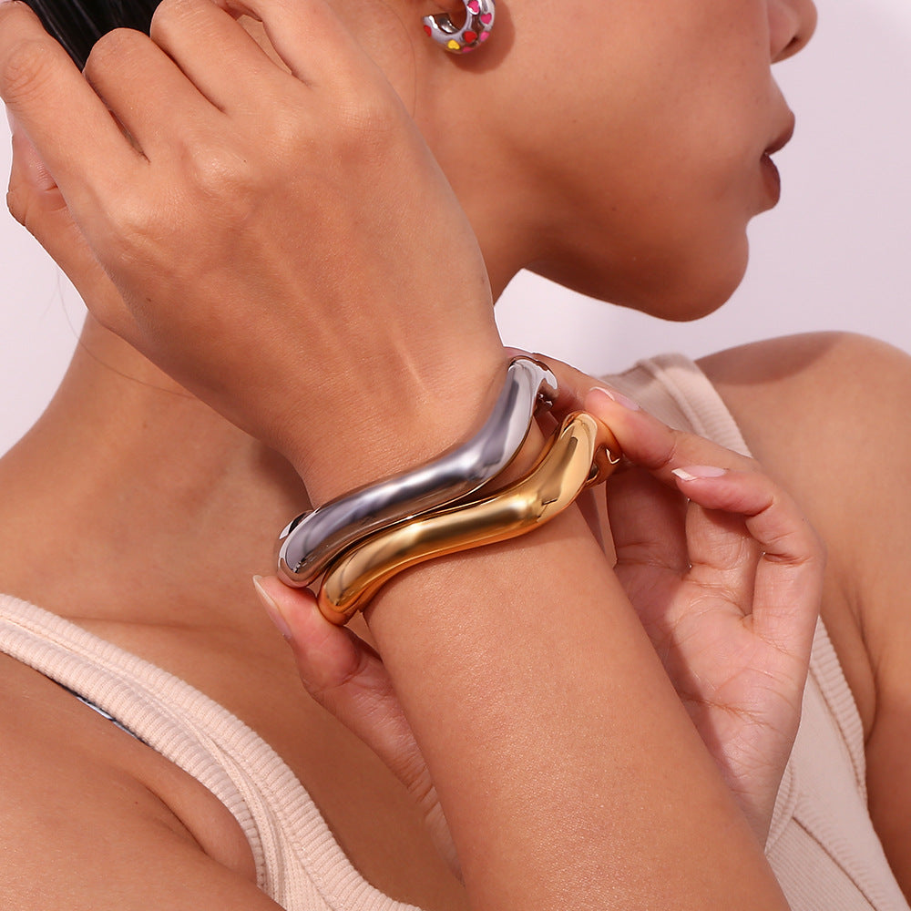 Chunky Irregular Wave Open Cuff Bracelet - view 7