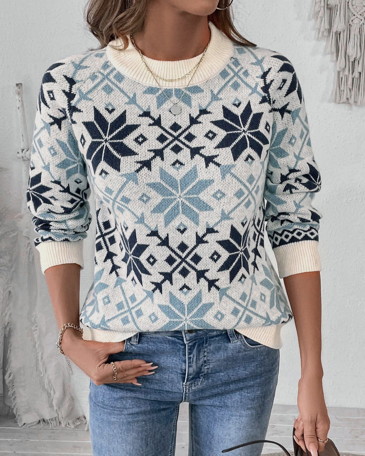 Nordic Snowflake Jacquard Knit Pullover Sweater - Blue