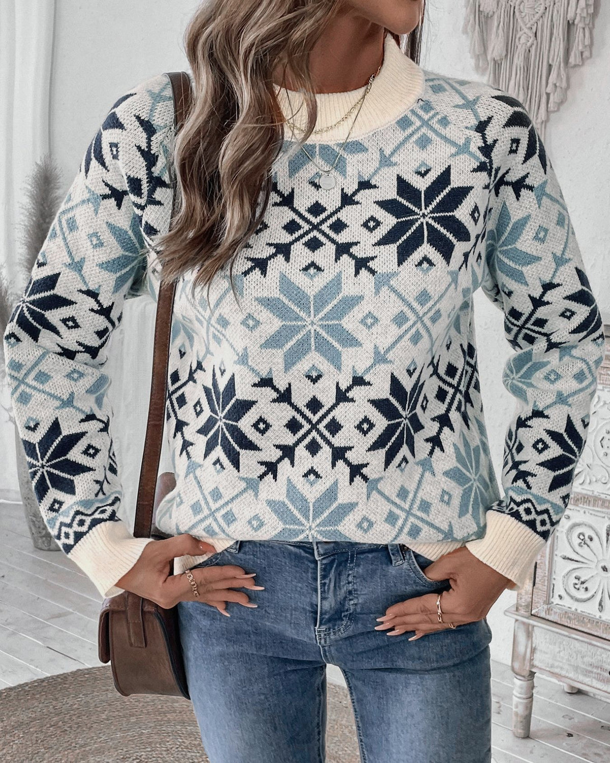Nordic Snowflake Jacquard Knit Pullover Sweater - Blue - 2