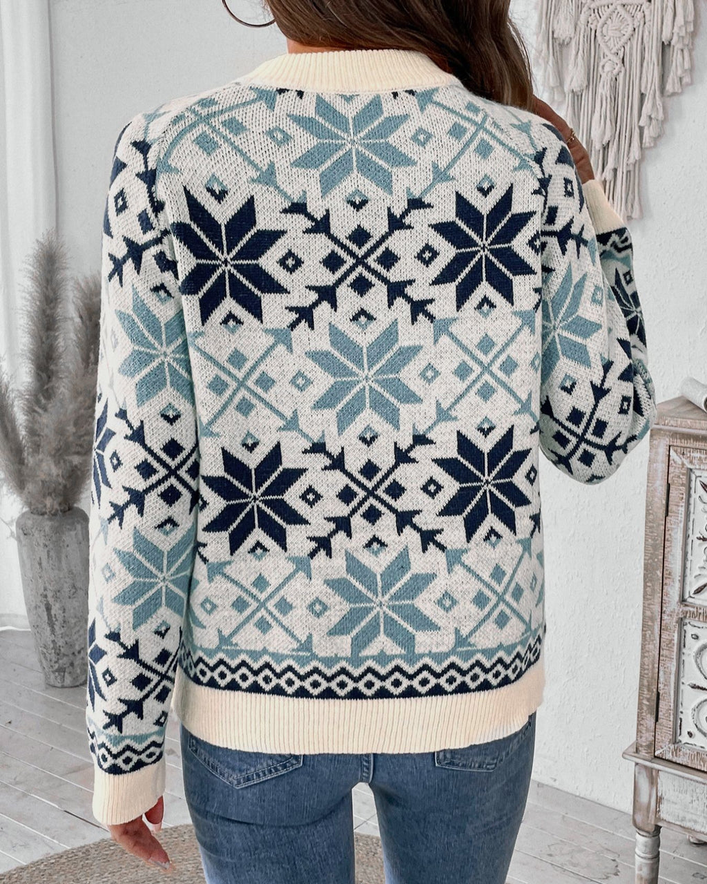 Nordic Snowflake Jacquard Knit Pullover Sweater - Blue - 3