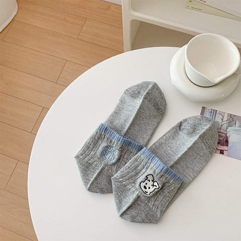 Puppy Embroidered Low Cut Ankle Socks - Blue