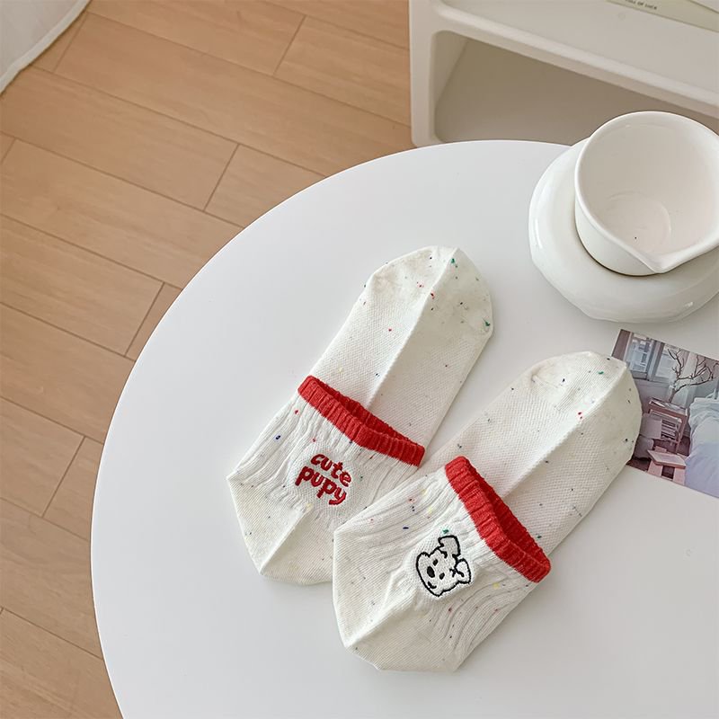 Puppy Embroidered Low Cut Ankle Socks - Red