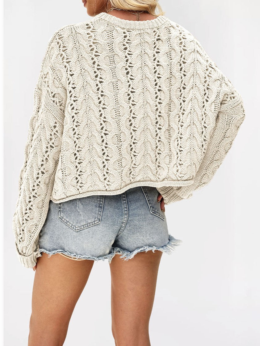 Oversized Pointelle Cable Knit Cropped Sweater - Beige - 1