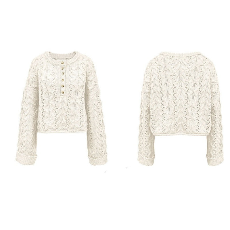 Oversized Pointelle Cable Knit Cropped Sweater - Beige - 2