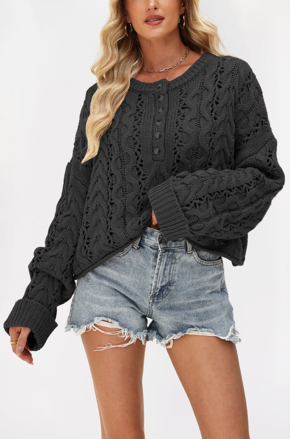 Oversized Pointelle Cable Knit Cropped Sweater - Black