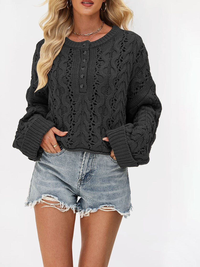 Oversized Pointelle Cable Knit Cropped Sweater - Black - 1