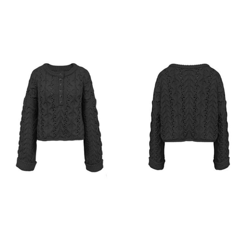 Oversized Pointelle Cable Knit Cropped Sweater - Black - 2
