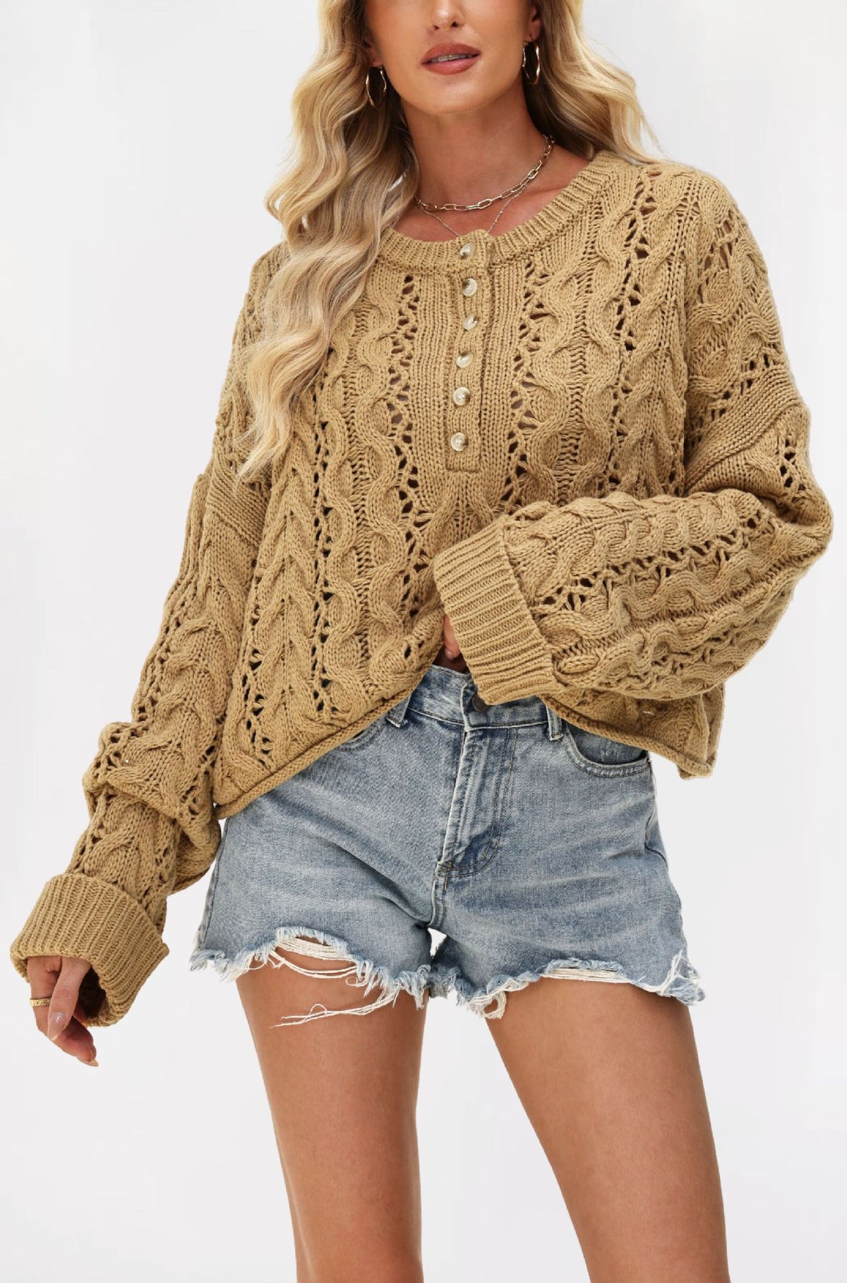 Oversized Pointelle Cable Knit Cropped Sweater - Khaki
