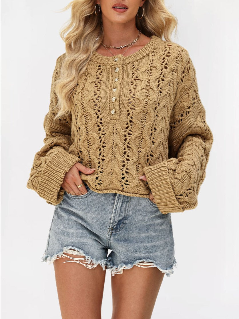 Oversized Pointelle Cable Knit Cropped Sweater - Khaki - 1