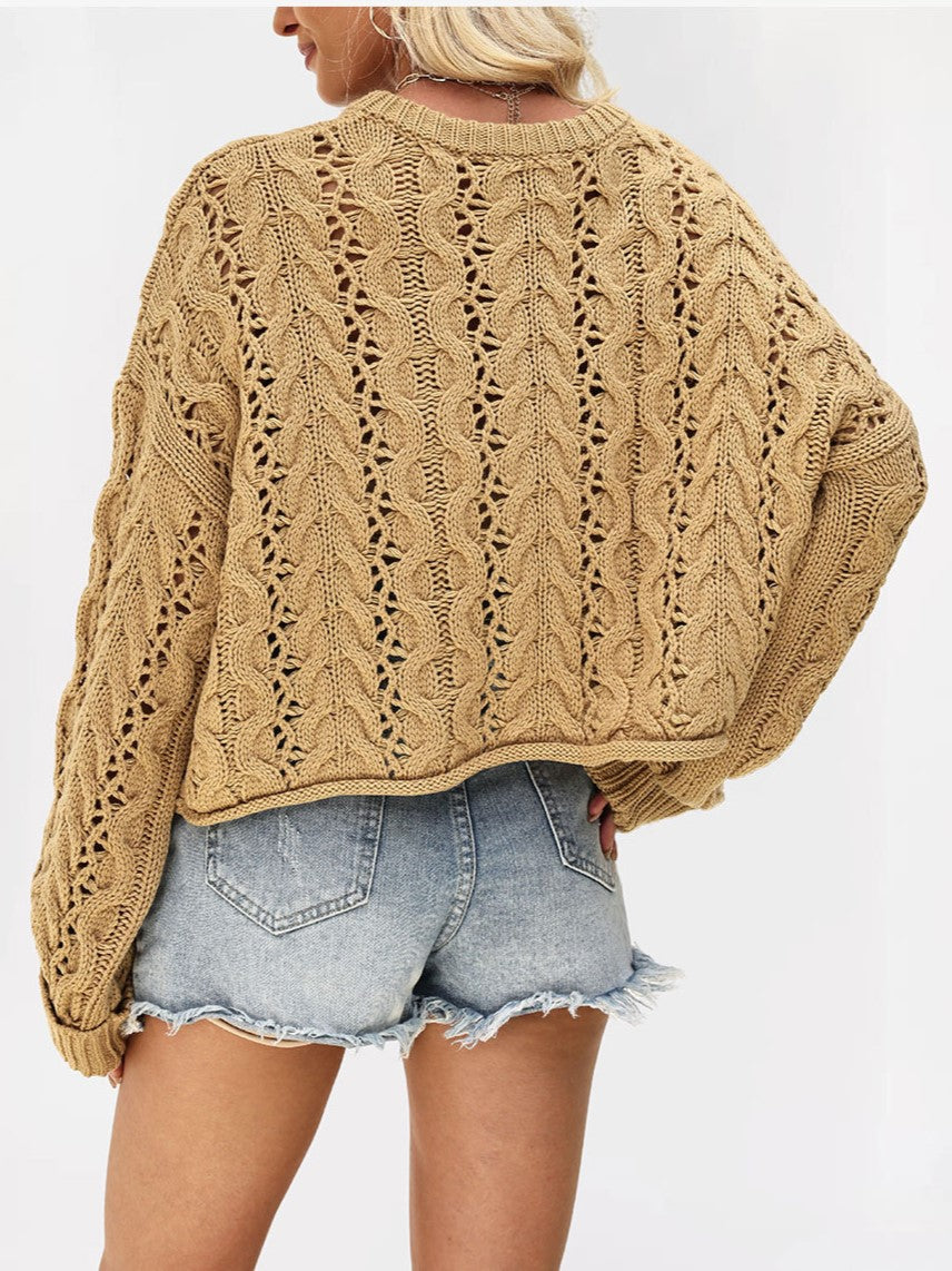 Oversized Pointelle Cable Knit Cropped Sweater - Khaki - 2