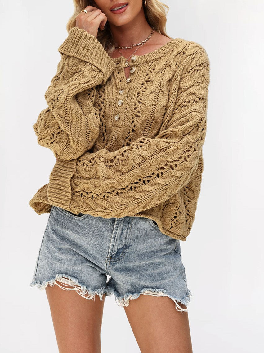 Oversized Pointelle Cable Knit Cropped Sweater - Khaki - 3