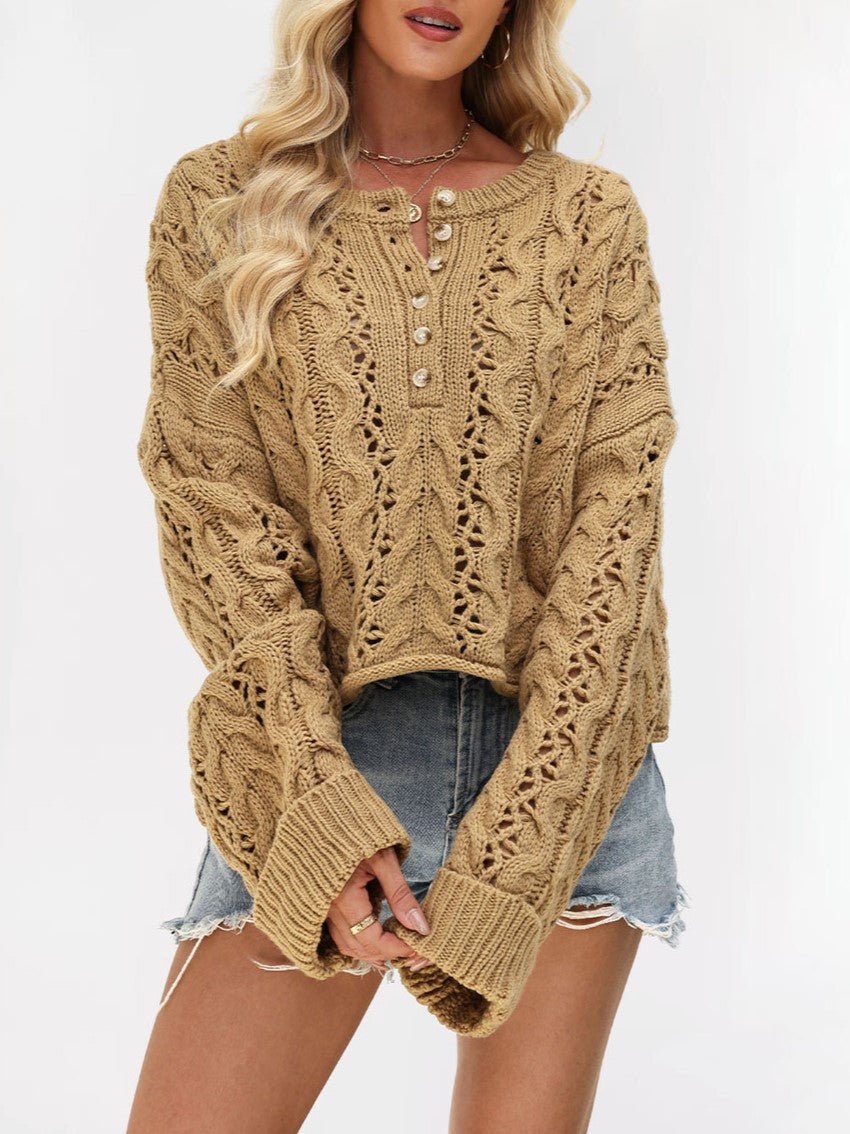 Oversized Pointelle Cable Knit Cropped Sweater - Khaki - 4