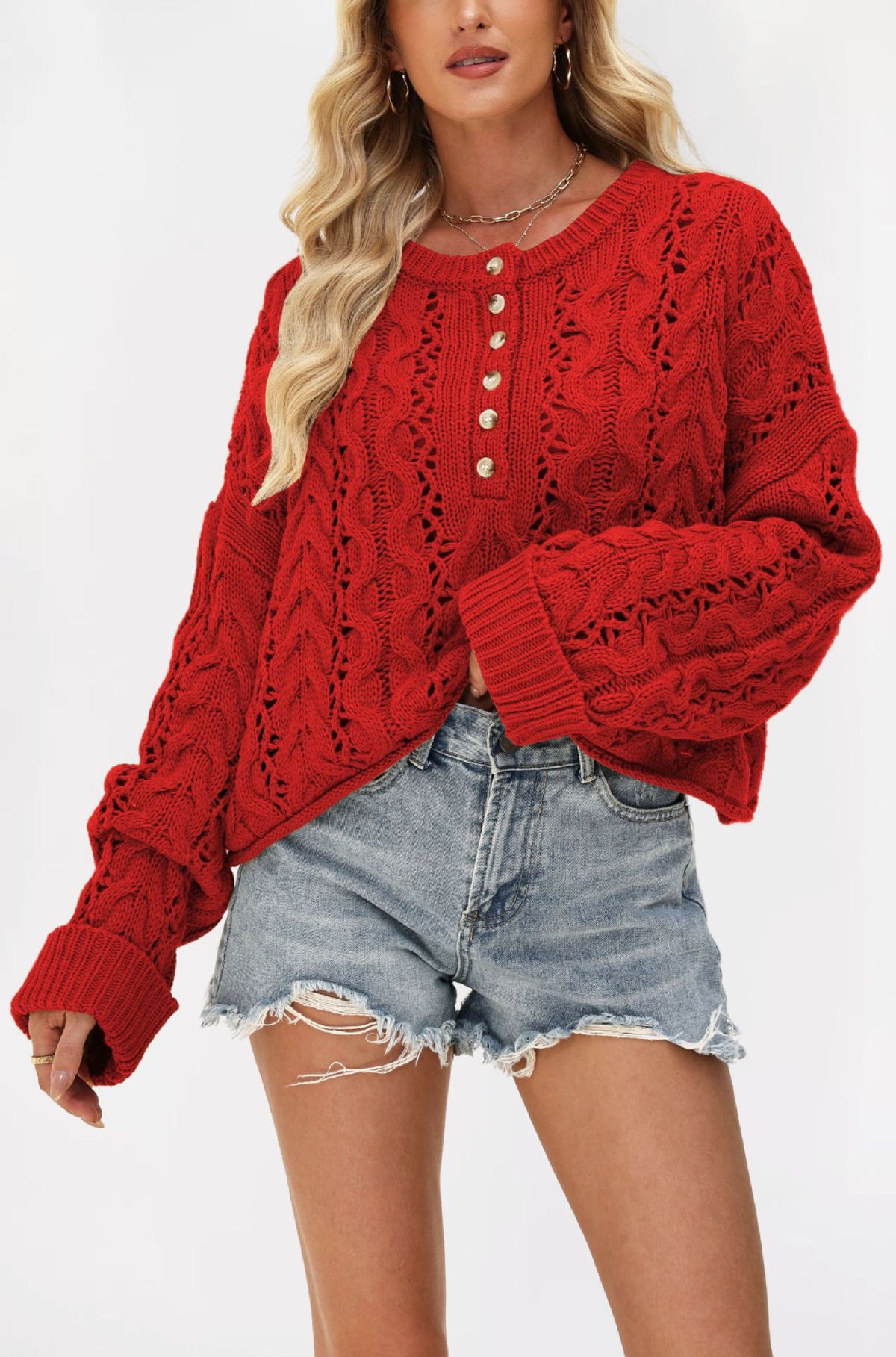 Oversized Pointelle Cable Knit Cropped Sweater - Red