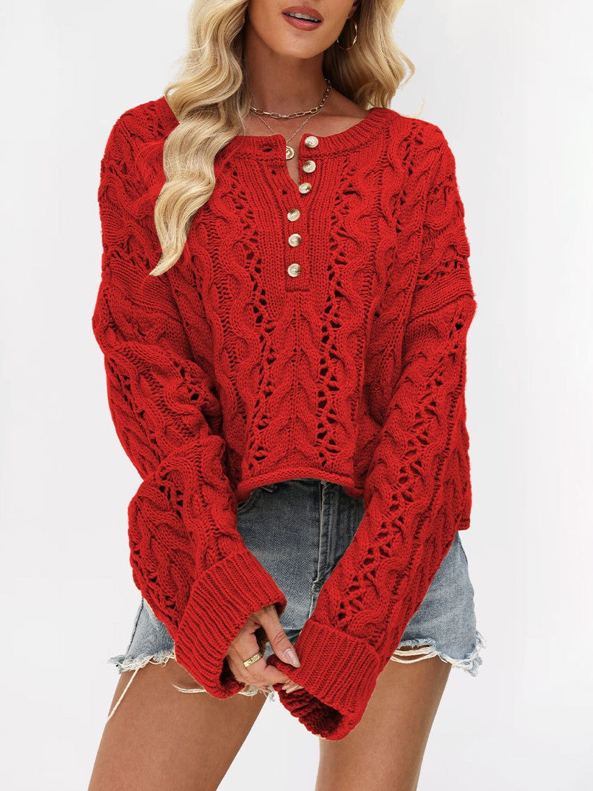 Oversized Pointelle Cable Knit Cropped Sweater - Red - 1