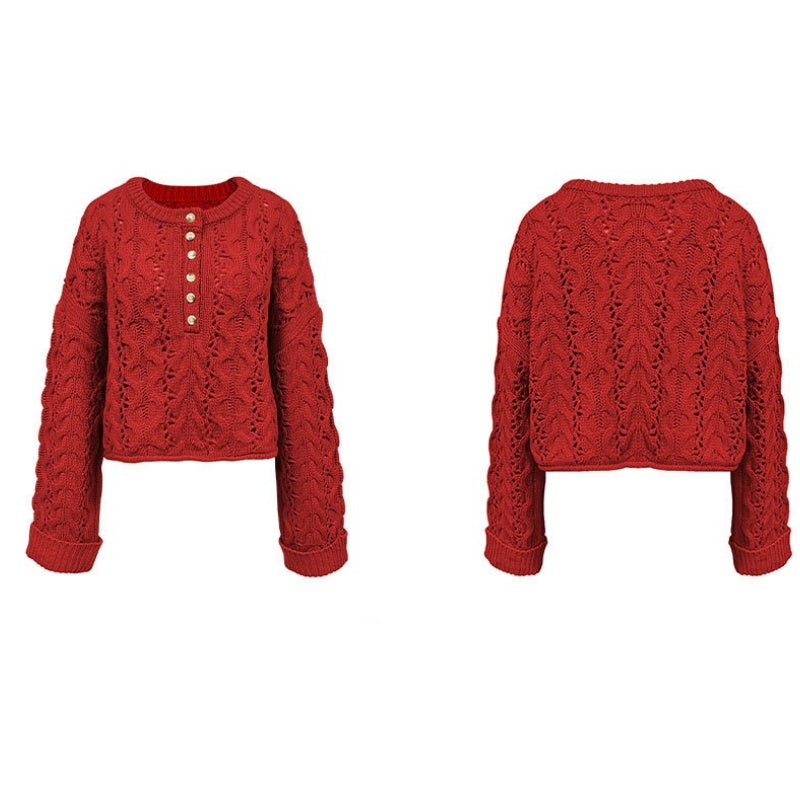 Oversized Pointelle Cable Knit Cropped Sweater - Red - 2